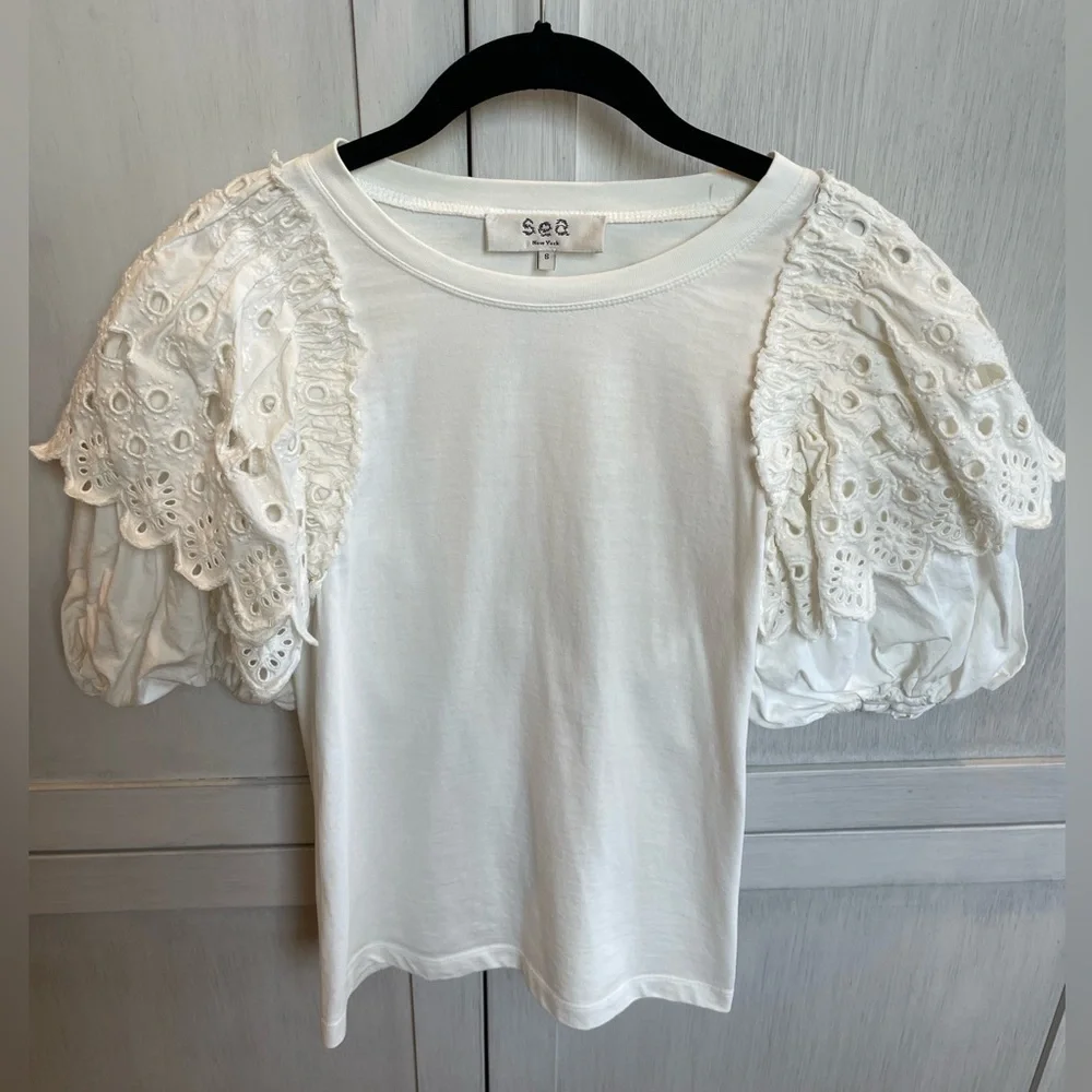 SEA NEW YORK Hazel Eyelet puff sleeve t shirt - Picture 4 of 5